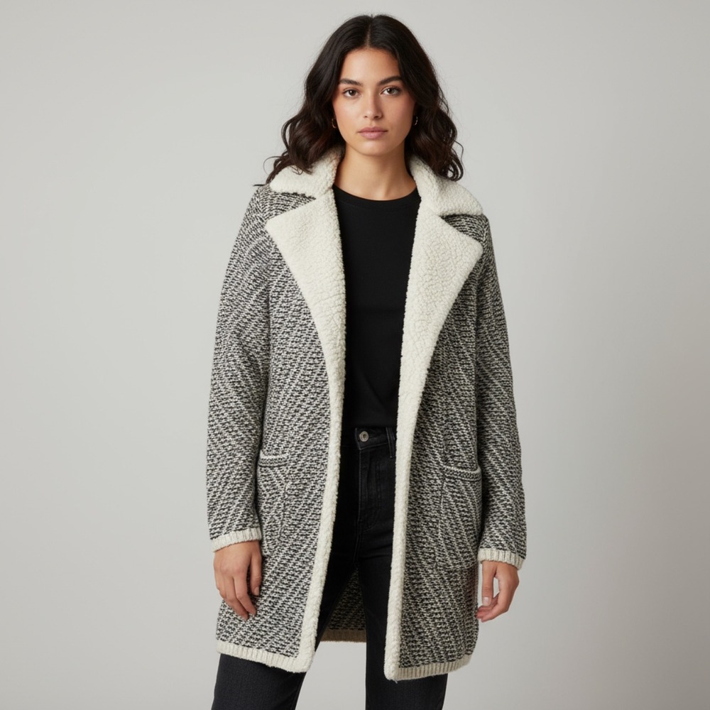 Altar'd State Knit Sweater Barn Coat Cardigan Cozy Sherpa Collar Chevron S Cream